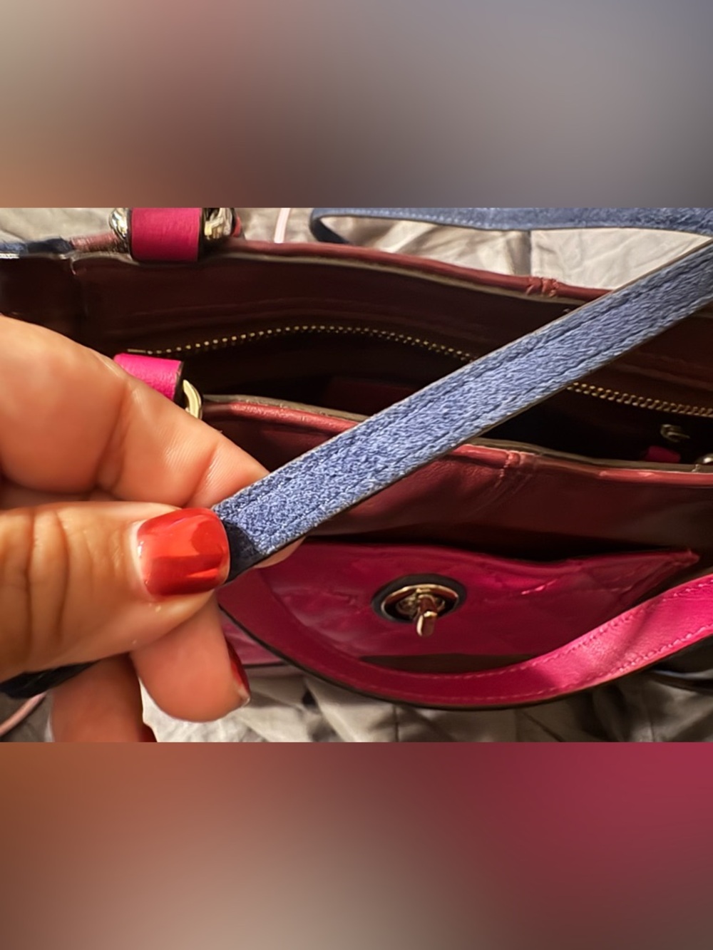 Coach Two-Tone Navy, Burgundy & Pink Quilted Leather & Suede Tote - Picture 5 of 5